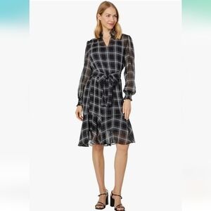 NWT Tommy Hilfiger Fine Plaid Dress Ruffled Hem Black White Size 6